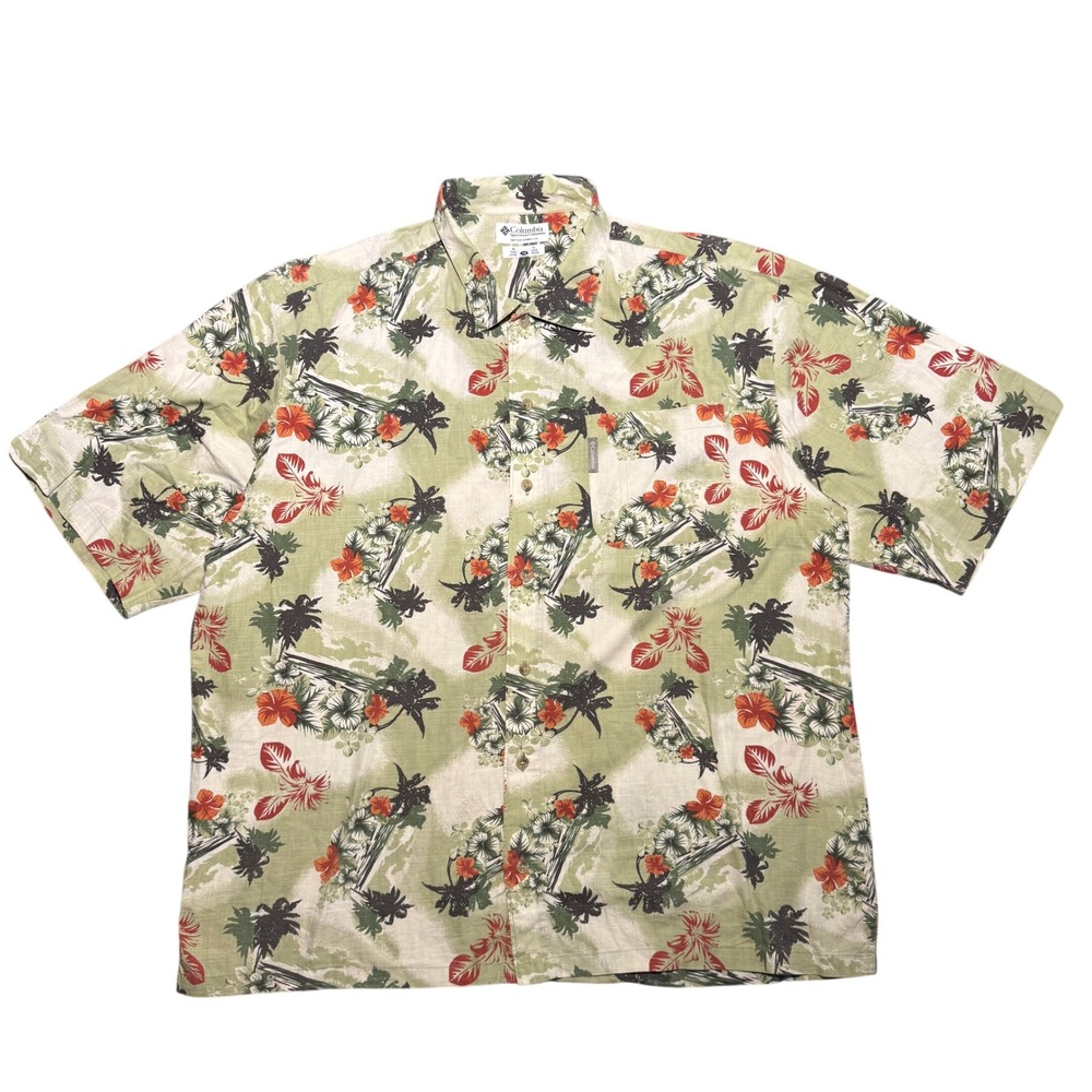Columbia Mens XL Tropical Palm Hibiscus Floral Button Down Shirt Sage Green